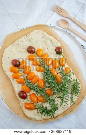 Home Made Gardenscape Focaccia Bread On A Table