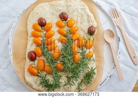 Home Made Gardenscape Focaccia Bread On A Table