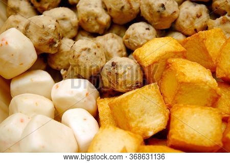 Cooked Tofu, Beef Balls And Cheese Bun Balls For Hot Pot Soup Mix