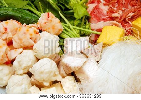 Water Crest, Lobster Ball, Squid Ball, Taro, Tofu, Beef, And Noodles Set Ingredients For Hot Pot Sou