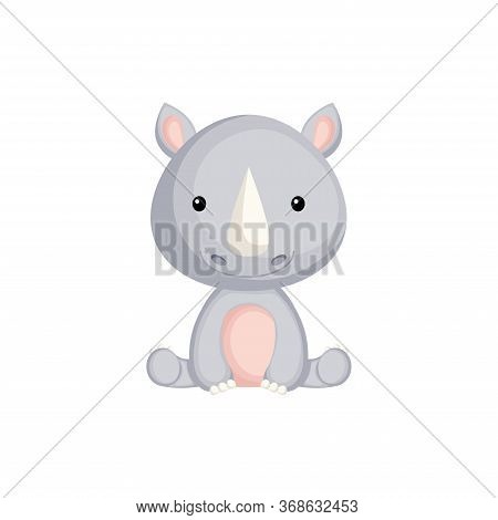 Cute Little Rhino Sitting. Adorable Cartoon Animal Character For Decoration And Design Of Album, Scr