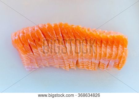 Salmon Fillet Sliced. Salmon Raw Sashimi , Japanese Cuisine. Delicious Fresh Slices Of Salmon Fish F