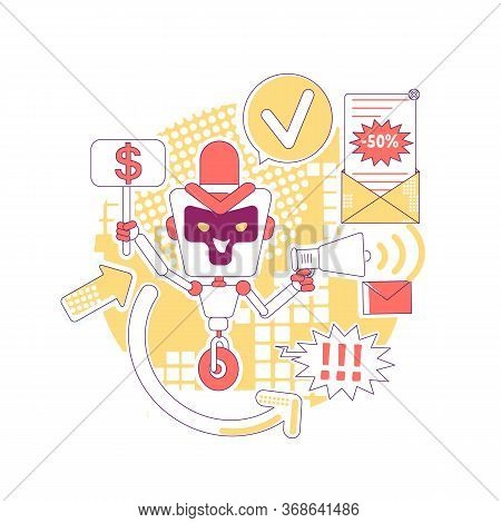 Spam Bot Thin Line Concept Vector Illustration. Unwanted Ads Newsletter. Bad Ai Robot 2d Cartoon Cha