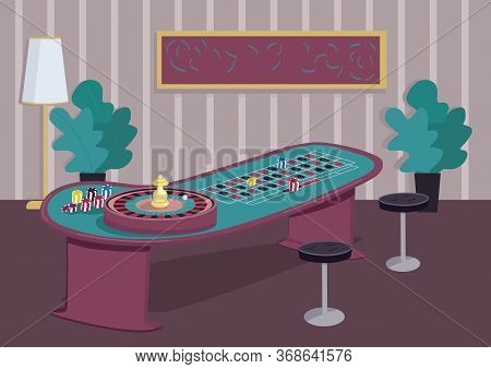 Roulette Table Flat Color Vector Illustration. Gambling Game To Win Bets. Put Stake On Red. Chips On