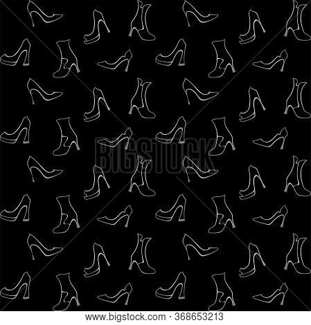 Silver ladies high heels shoes and half-boots on a black background in flat style. Vector seamless pattern for shoe store, shoe factory, printing on packaging, wrapping paper, sales packages, fabric and textile. Design template