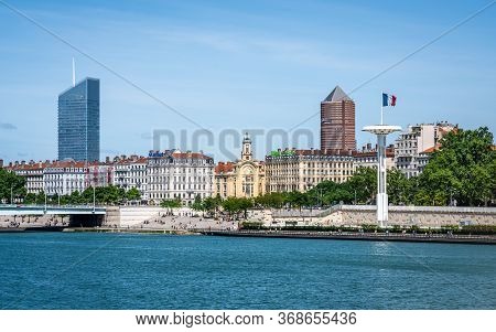 Lyon France, 24 May 2020 : View Of Rhone River And Riverbank Full Of People During The First Phase O