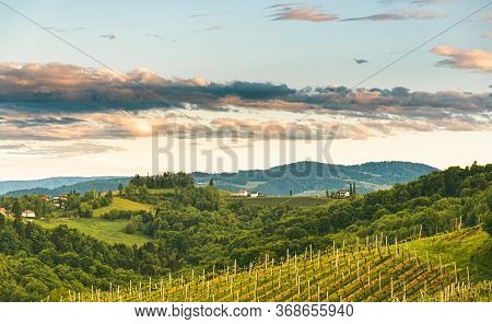 Gamlitz Town In Austria Vineyards In Sulztal Area South Styria, Famous Wine Country. Wine Road Touri