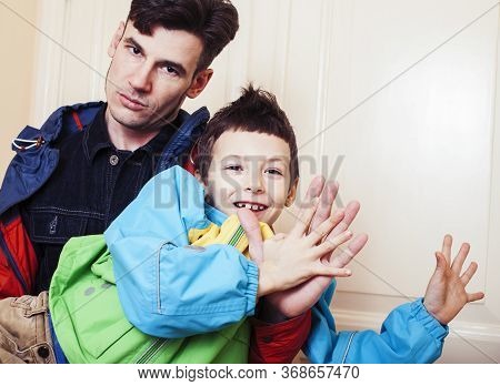Faher And Son Together Having Fun At Home, Lifestyle Happy Family, People At Home