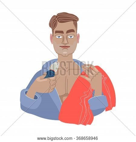 Young Cute Man In A Bathrobe With Shaving Brush And Red Towel, Morning Wash & Hygiene Concept, Color