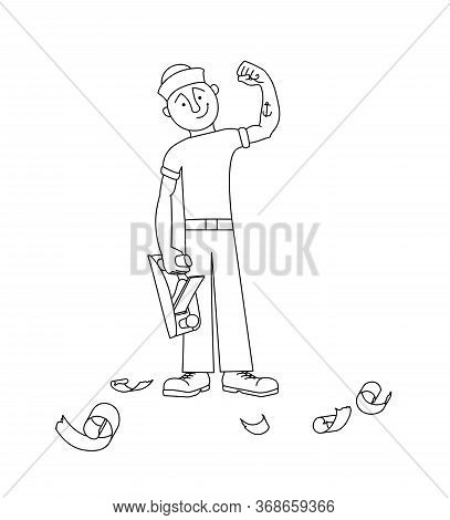 Cute Smiling Sailor Carpenter In A Sea Cap & With A Plane For Wood & Sawdust, Vector Illustration Wi