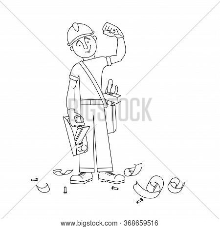 Cute Smiling Carpenter In A Safety Helmet With A Plane For Wood, Instruments Bag & Sawdust, Vector I