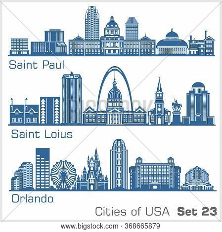 Cities Of Usa - Saint Paul, Saint Loius, Orlando. Detailed Architecture. Trendy Vector Illustration.