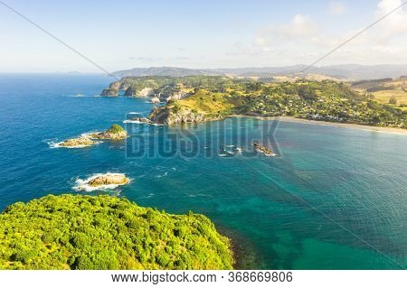An aerial view of Hahei Beach New Zealand