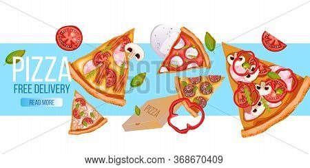 Pizza Free Delivery Banner With Slices, Box, Tomatoes, Mozzarella, Pepper. Fast Food Vector Illustra