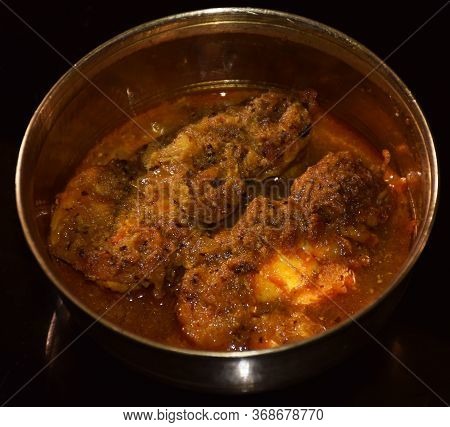 Bengali Traditional Chingri Macher Malai Curry (prawn Curry) Served On A Brass Bowl Isolated On A Da