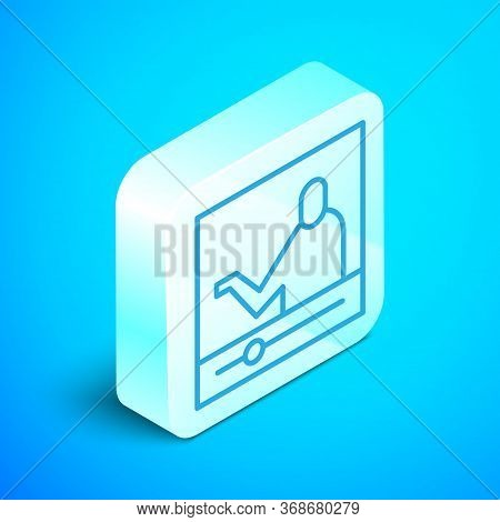 Isometric Line Online Education And Graduation Icon Isolated On Blue Background. Online Teacher On M
