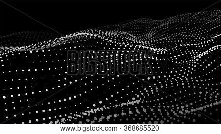 Dynamic Particles Wave.big Data Visualization 3d. White Dots On Black Background. Digital Landscape.