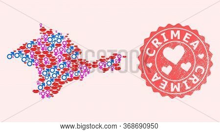 Vector Collage Of Love Smile Map Of Crimea And Red Grunge Stamp With Heart. Map Of Crimea Collage Fo