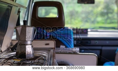 Kitchen With Italian Moka Inside A Westfalia Camper Van Parked At Sigsig, Ecuador - March 15th, 2019