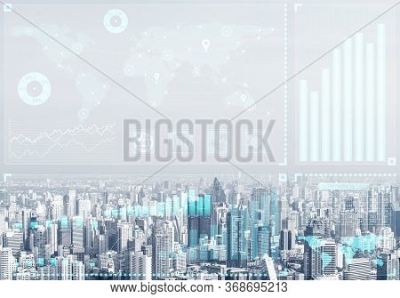 Abstract Business Charts On Background Of Financial District Of Megapolis City. Digital Economy And 