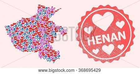 Vector Combination Of Love Smile Map Of Henan Province And Red Grunge Stamp With Heart. Map Of Henan