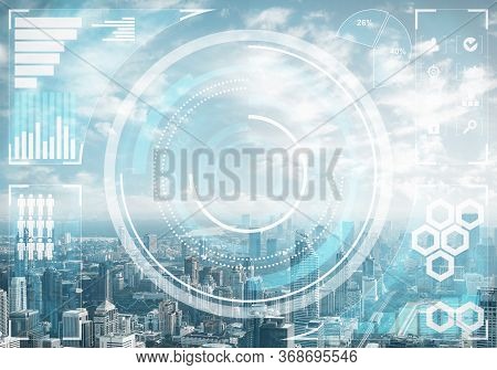 Abstract Business Charts On Background Of Financial District Of Megapolis City. Digital Economy And 