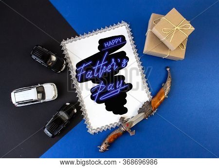 Trend Greeting Card, Online Banner On Father's Day With A Blue Neon Sign
