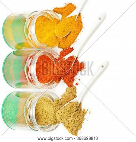 Composition With Different Spices Isolated On White Background. Free Space For Text.