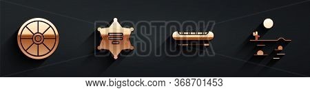 Set Old Wooden Wheel, Hexagram Sheriff, Kayak Or Canoe And Paddle And Desert Landscape With Cactus I