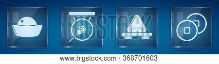 Set Sushi, Gong, Sushi On Cutting Board And Chinese Yuan Currency. Square Glass Panels. Vector.