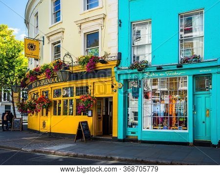 London, UK, Aug 2019, exterior of the `Sun In Splendour` pub next to Beatrice von Tresckow shop in Notting Hill