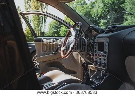 Blato,croatia May 2020
Interior Of An Alfa Romeo 147, Clean And Polished Shining Exhibited On A Brig