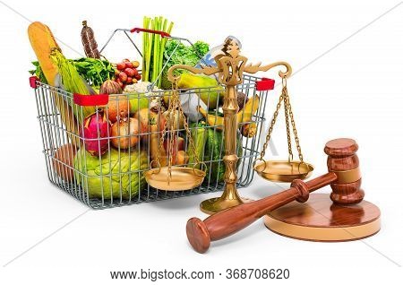 Consumer Protection Concept. Shopping Basket Full Of Products With Wooden Gavel And Scales Of Justic