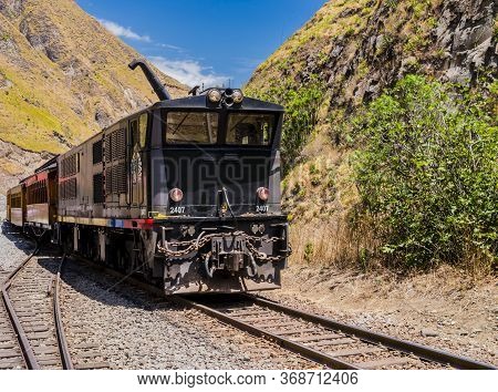 Impressive View Of Devil's Nose Train Running On Beautiful Andean Landscape, Alausi, Ecuador