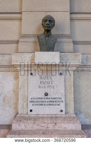 Budapest, Hungary - Feb 8, 2020: Bronze Bust Of Marek Jozsef On Linestone Wall Near Kossuth Square