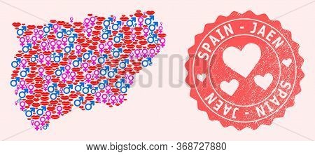 Vector Collage Of Love Smile Map Of Jaen Spanish Province And Red Grunge Stamp With Heart. Map Of Ja