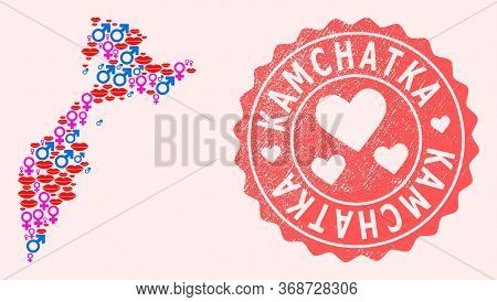 Vector Composition Of Love Smile Map Of Kamchatka Peninsula And Red Grunge Seal With Heart. Map Of K