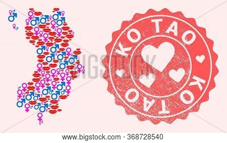 Vector Collage Of Love Smile Map Of Ko Tao And Red Grunge Seal With Heart. Map Of Ko Tao Collage For