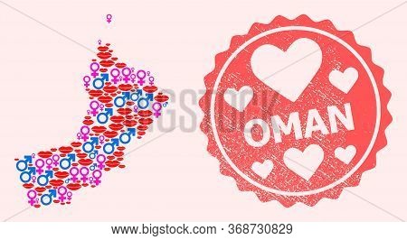 Vector Collage Of Sexy Smile Map Of Oman And Red Grunge Seal With Heart. Map Of Oman Collage Formed 