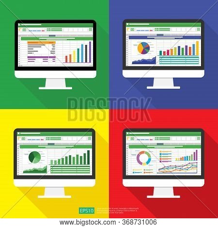 Spreadsheet On Computer Screen Flat Icon. Financial Accounting Report Concept. Office Things For Pla