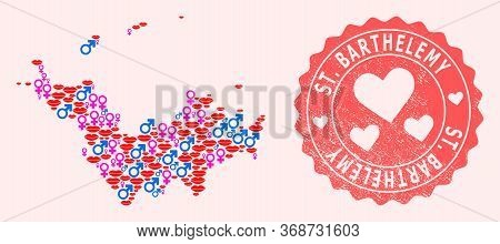 Vector Collage Of Sexy Smile Map Of Saint Barthelemy And Red Grunge Seal Stamp With Heart. Map Of Sa