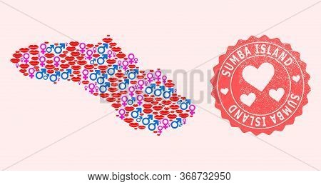 Vector Collage Of Sexy Smile Map Of Sumba Island And Red Grunge Stamp With Heart. Map Of Sumba Islan