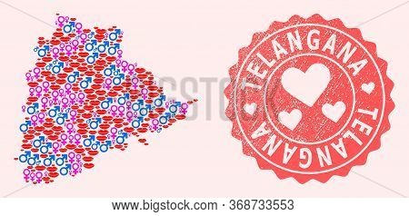 Vector Collage Of Love Smile Map Of Telangana State And Red Grunge Stamp With Heart. Map Of Telangan