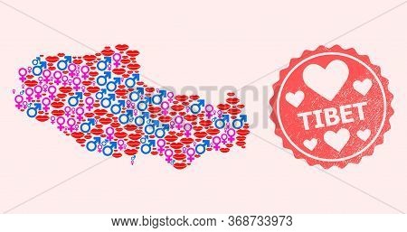 Vector Collage Of Love Smile Map Of Tibet And Red Grunge Seal With Heart. Map Of Tibet Collage Forme