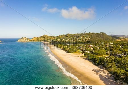 An aerial view of Hahei Beach New Zealand