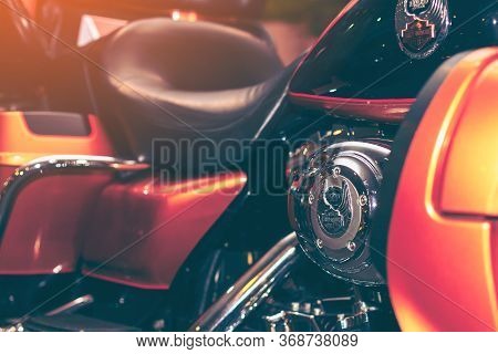 Udonthani, Thailand On Novrmber 2017. Close Up On A Logo Of Harley-davidson Emblems Badges On Engine