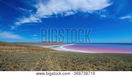 Brine And Salt Of A Pink Lake Koyash Colored By Microalgae Dunaliella Salina, Famous For Its Antioxi