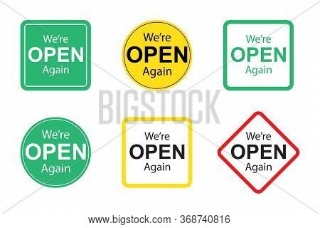 Set Of Six We Are Open Business Premium Stickers Sign For Unlock Marketing Promotion Premium Vector 