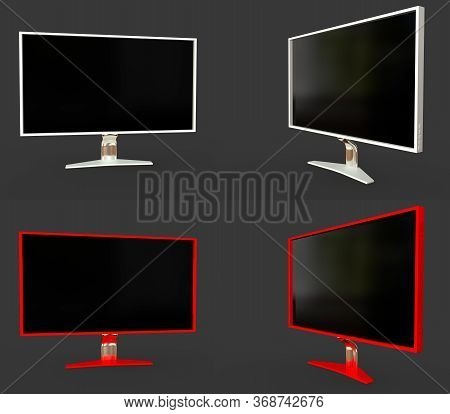 Many Images Of White And Red Technological Pc Screen With Fictive Design Isolated On Grey Background
