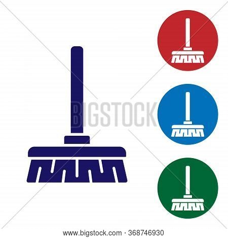 Blue Handle Broom Icon Isolated On White Background. Cleaning Service Concept. Set Icons In Color Sq